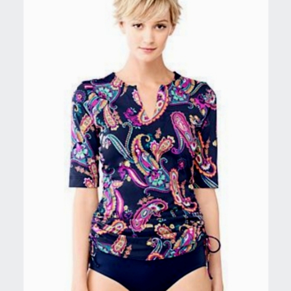 Lands End Adjustable Swim Tunic Shirt, Navy Paisley, Size XS